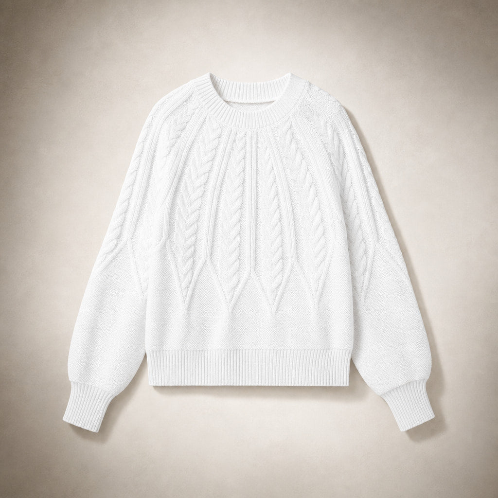 Knitted Cable Sweater with Loose Fit For Women White – Product Photo