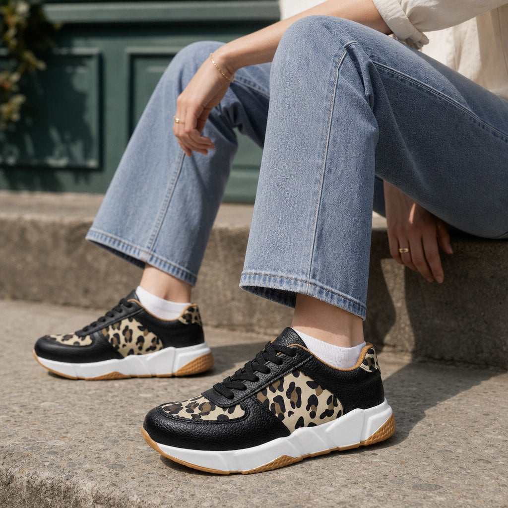 Leopard Print Panel Chunky Sole Sneakers For Women Black – Side Angle View