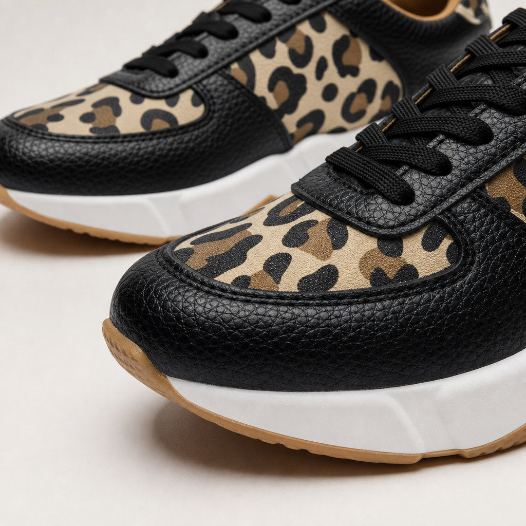 Leopard Print Panel Chunky Sole Sneakers For Women Black – Fabric and Detail Close-Up