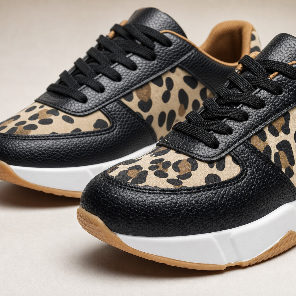 Leopard Print Panel Chunky Sole Sneakers For Women Black – Fabric and Detail Close-Up