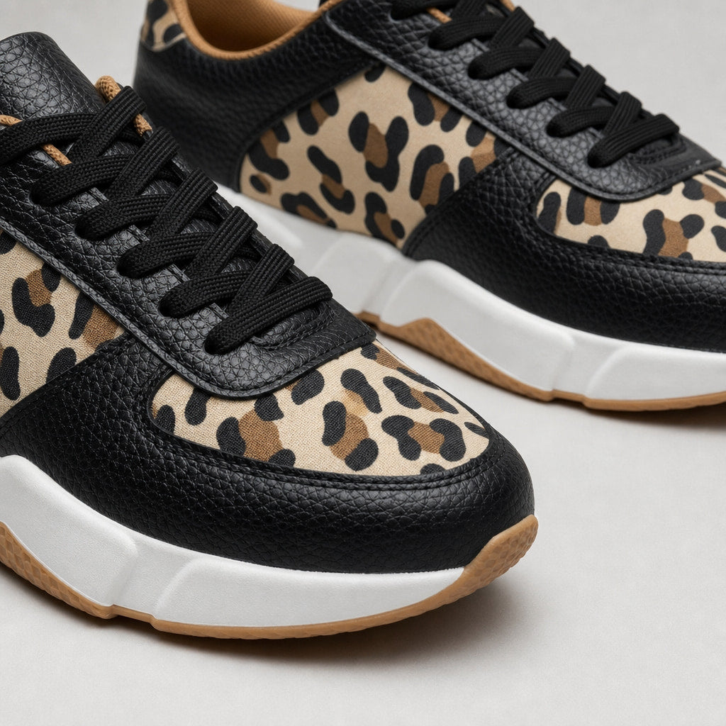 Leopard Print Panel Chunky Sole Sneakers For Women Black – Fabric and Detail Close-Up