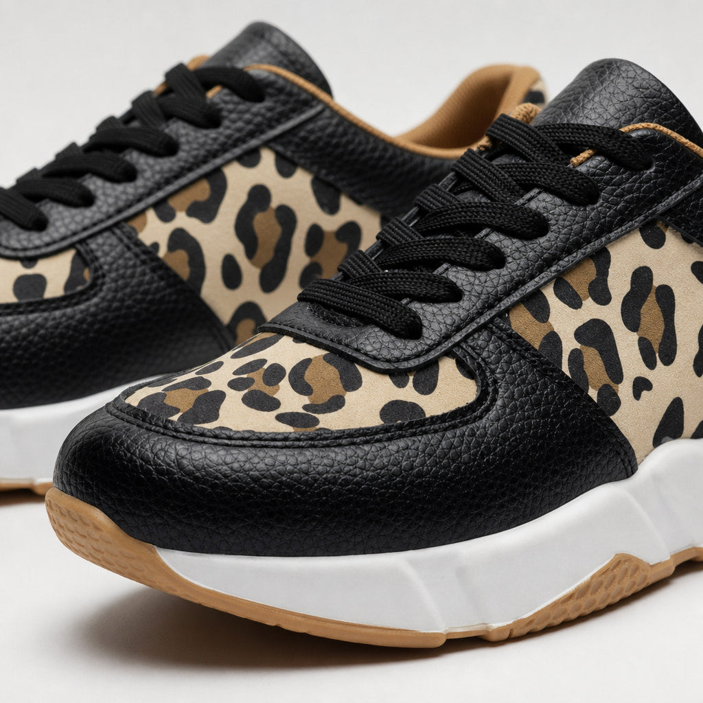 Leopard Print Panel Chunky Sole Sneakers For Women Black – Fabric and Detail Close-Up