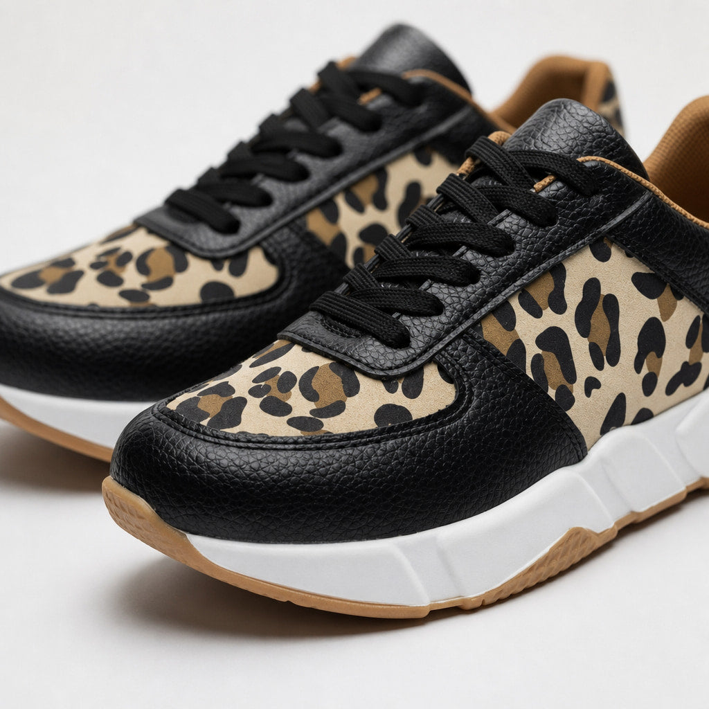 Leopard Print Panel Chunky Sole Sneakers For Women Black – Fabric and Detail Close-Up
