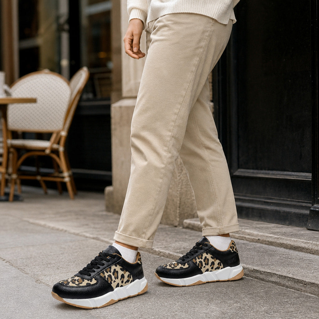 Leopard Print Panel Chunky Sole Sneakers For Women Black – Full Look