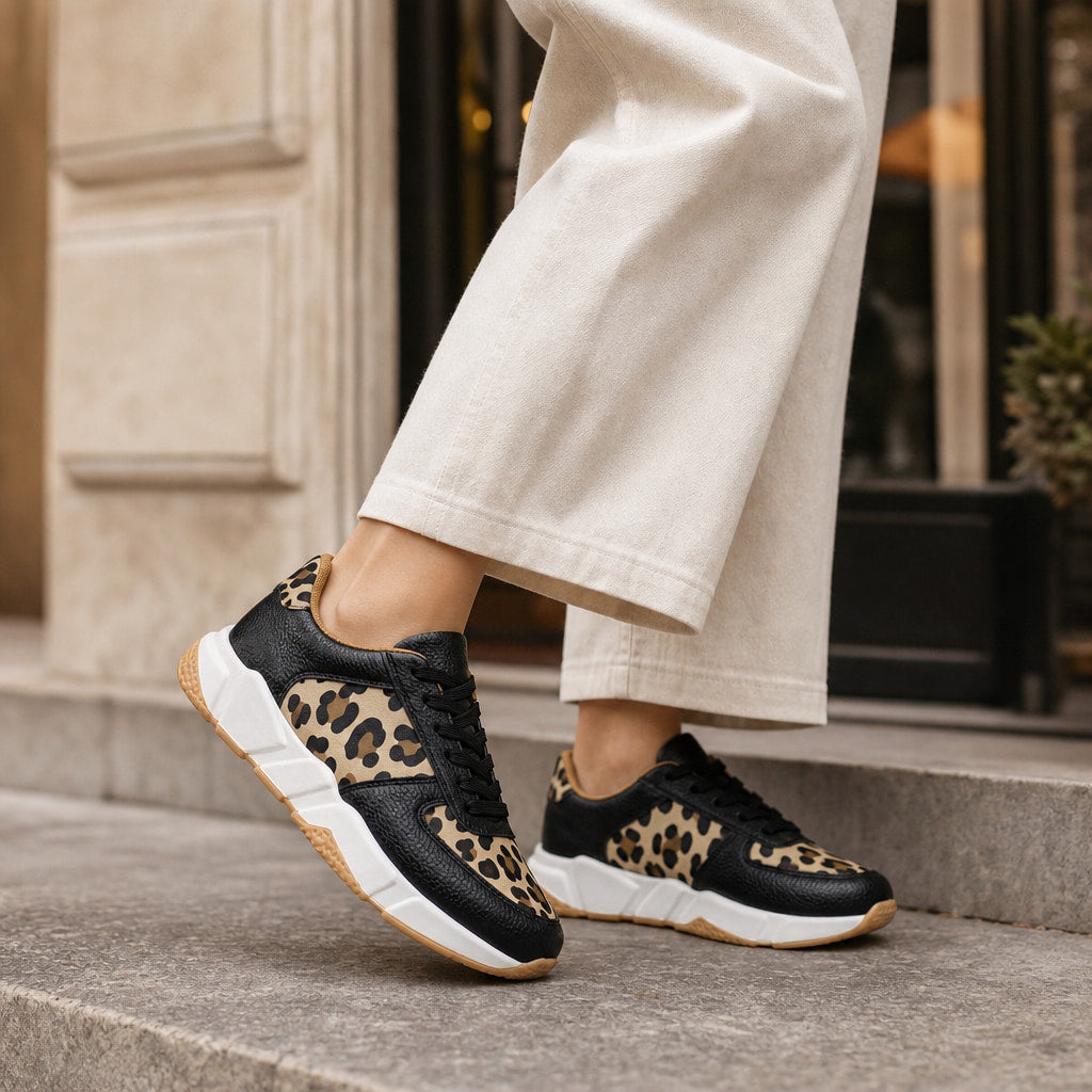 Leopard Print Panel Chunky Sole Sneakers For Women Black – Full Look