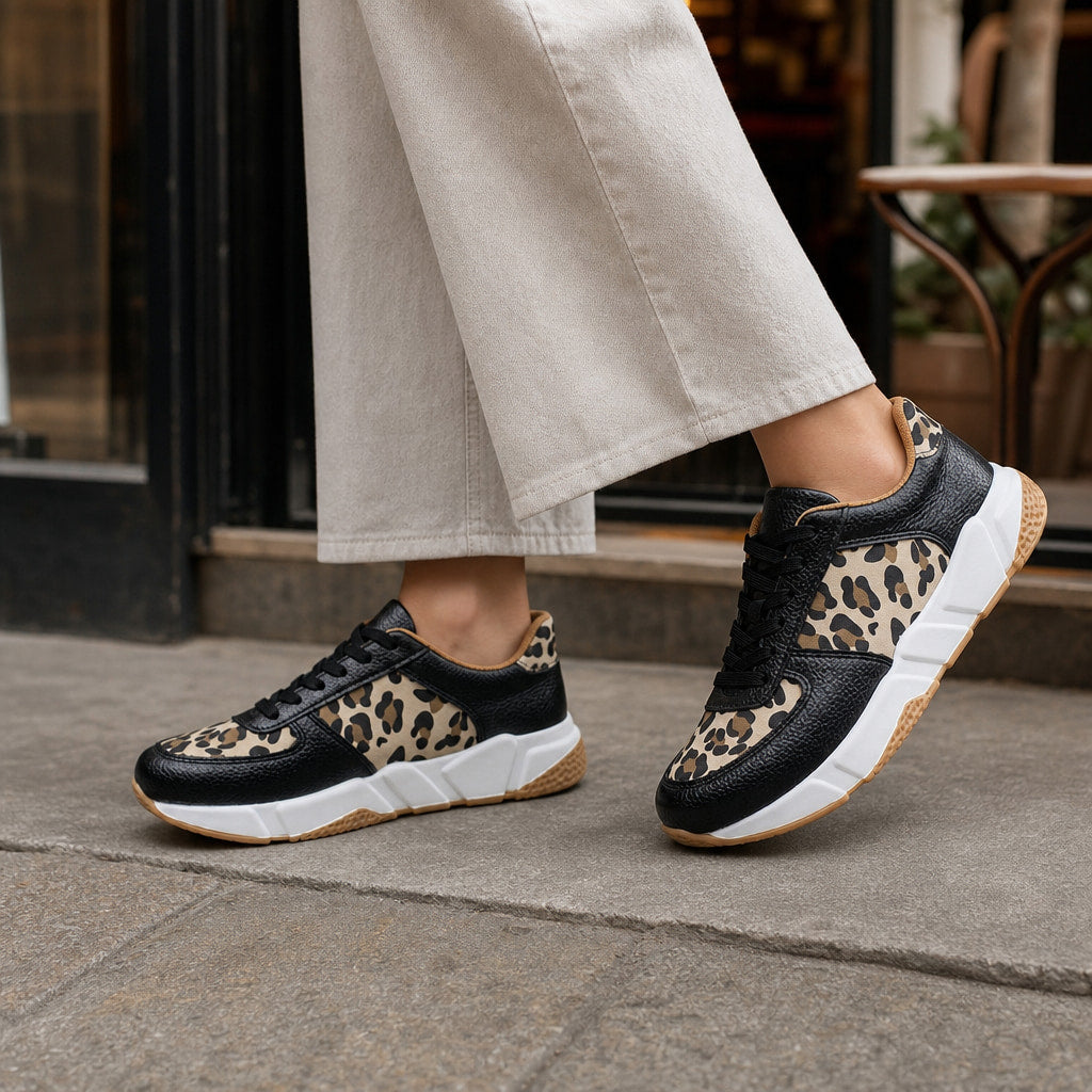 Leopard Print Panel Chunky Sole Sneakers For Women Black – Full Look