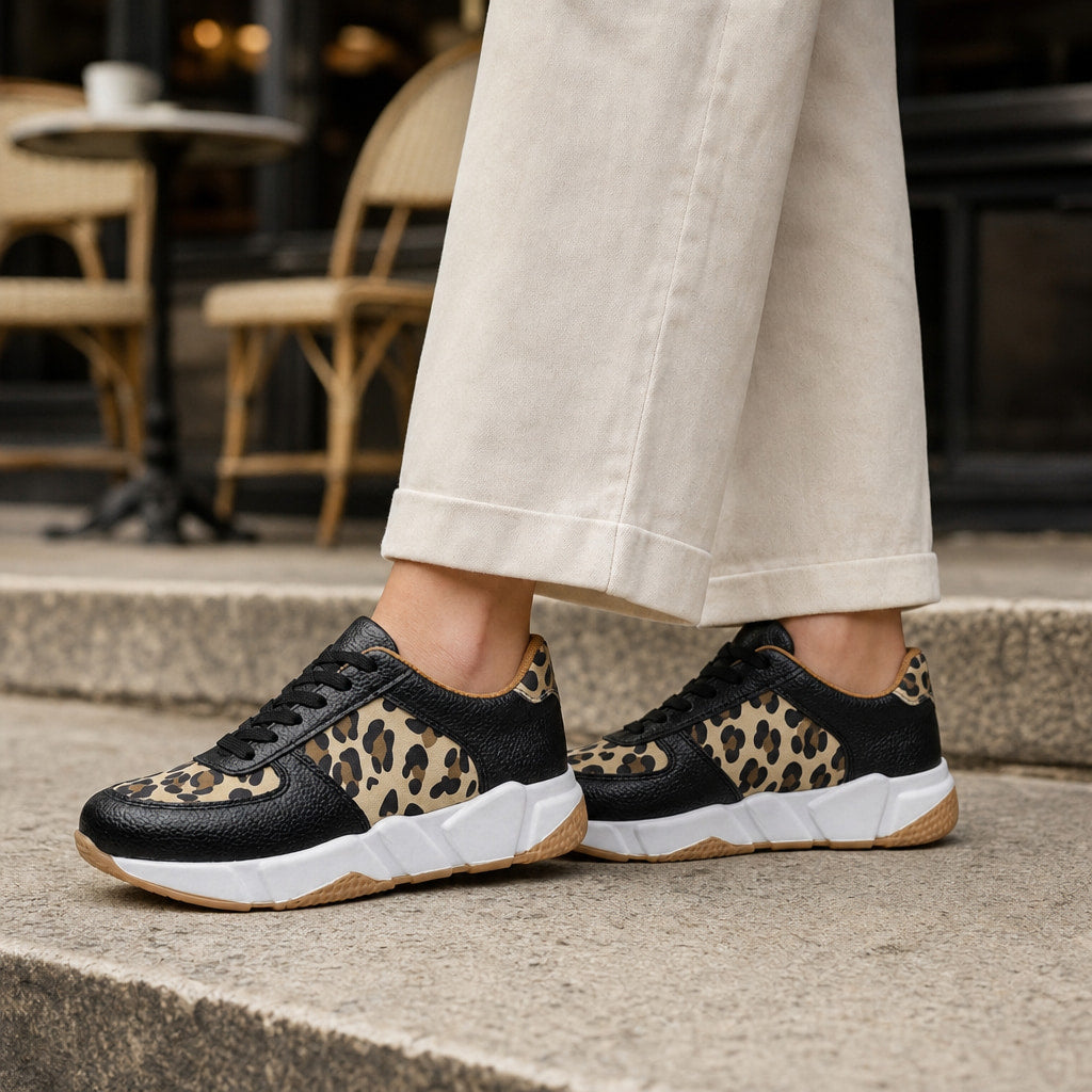 Leopard Print Panel Chunky Sole Sneakers For Women Black – Full Look