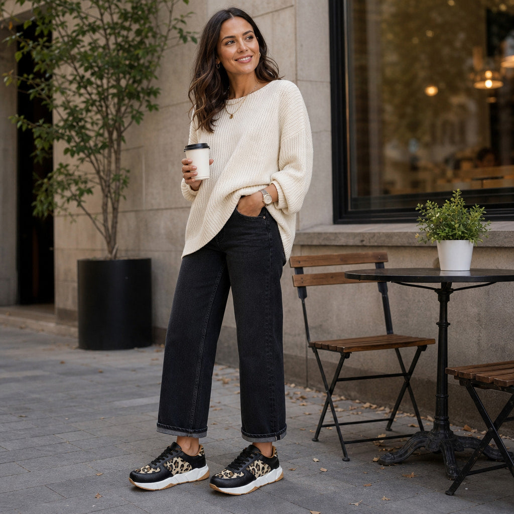 Leopard Print Panel Chunky Sole Sneakers For Women Black – Full Look