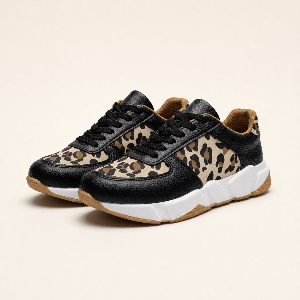 Leopard Print Panel Chunky Sole Sneakers For Women Black – Product Photo