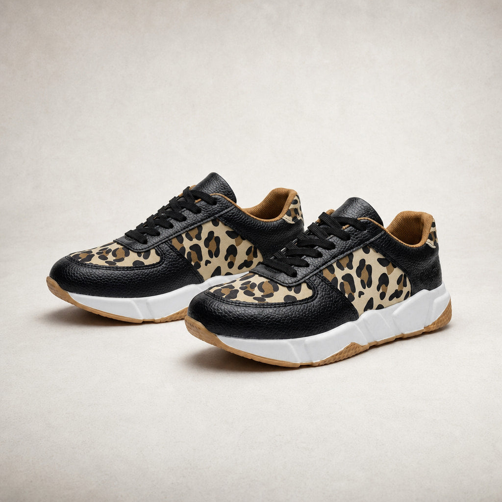 Leopard Print Panel Chunky Sole Sneakers For Women Black – Product Photo
