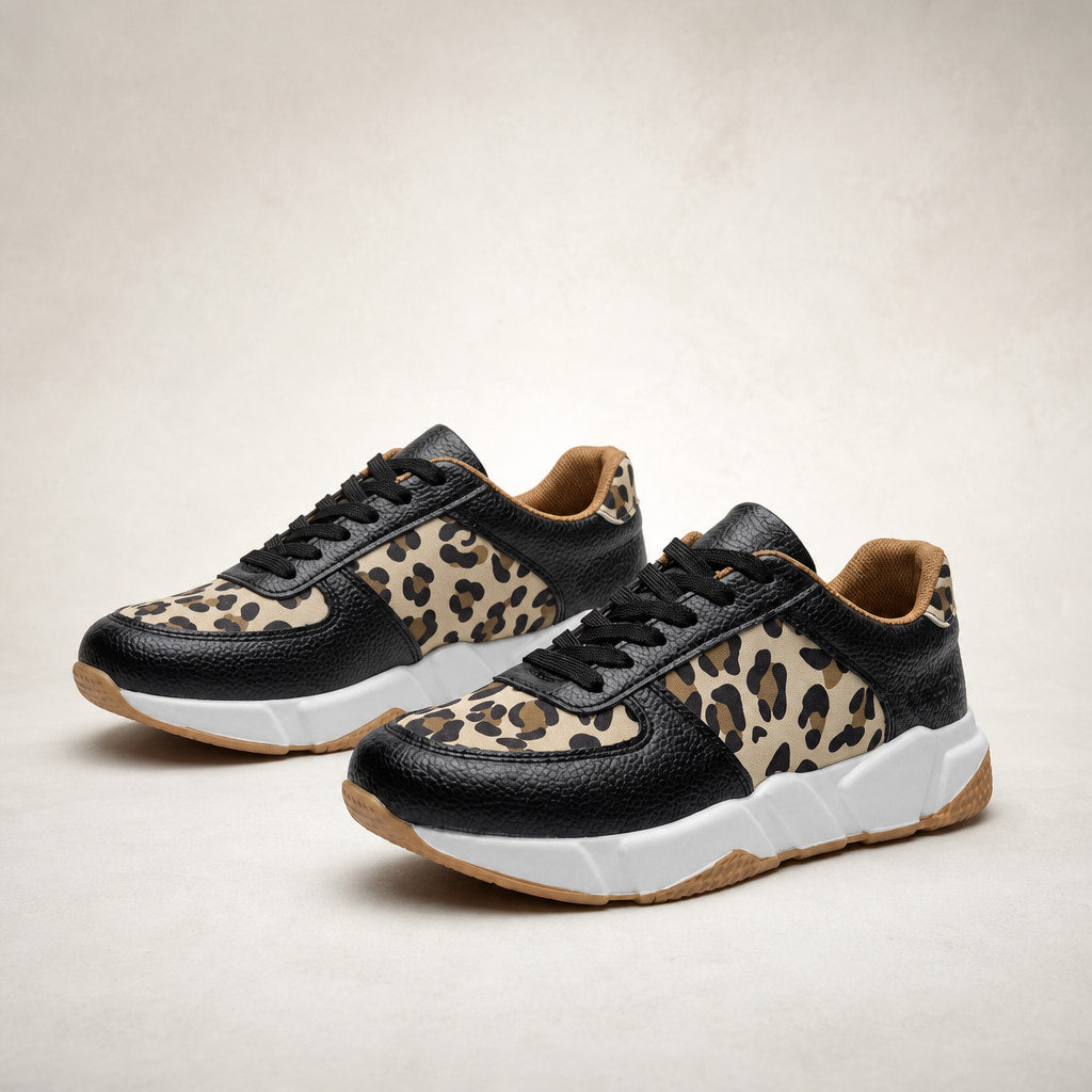 Leopard Print Panel Chunky Sole Sneakers For Women Black – Product Photo