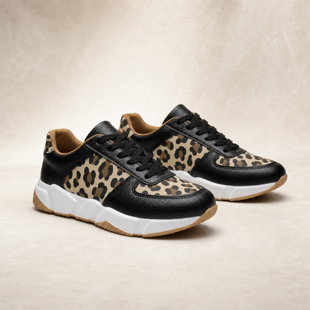 Leopard Print Panel Chunky Sole Sneakers For Women Black – Product Photo