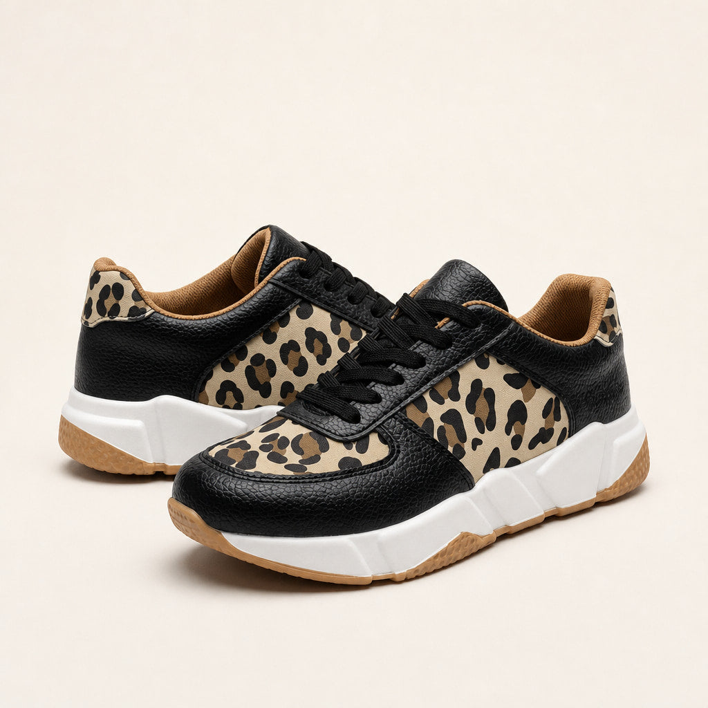 Leopard Print Panel Chunky Sole Sneakers For Women Black – Product Photo