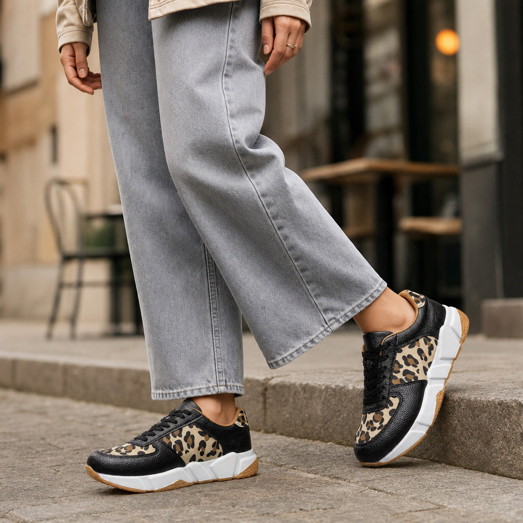 Leopard Print Panel Chunky Sole Sneakers For Women in Black – Mampierimoda Premium Womenswear
