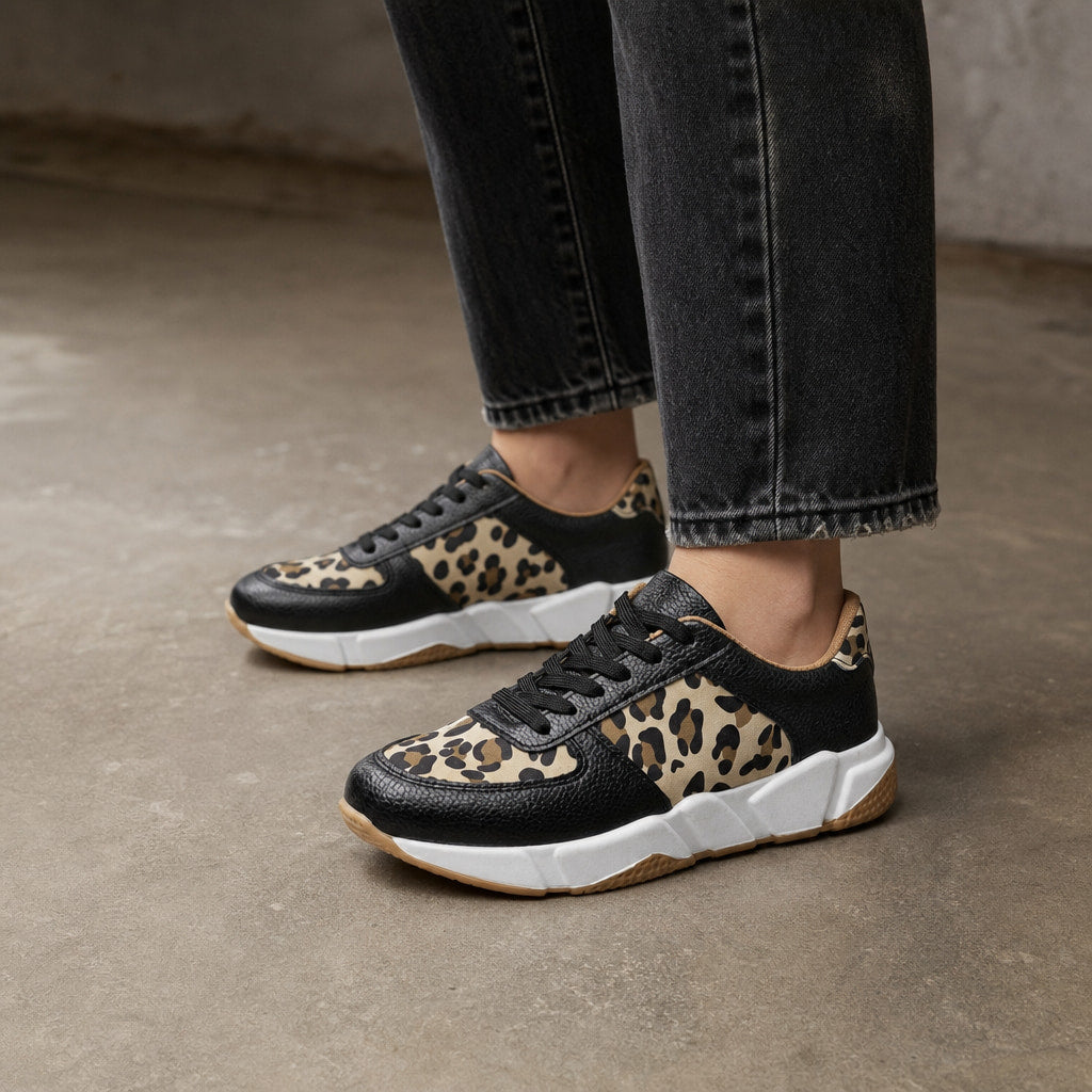 Leopard Print Panel Chunky Sole Sneakers For Women Black – Styled Editorial Shot, Detail