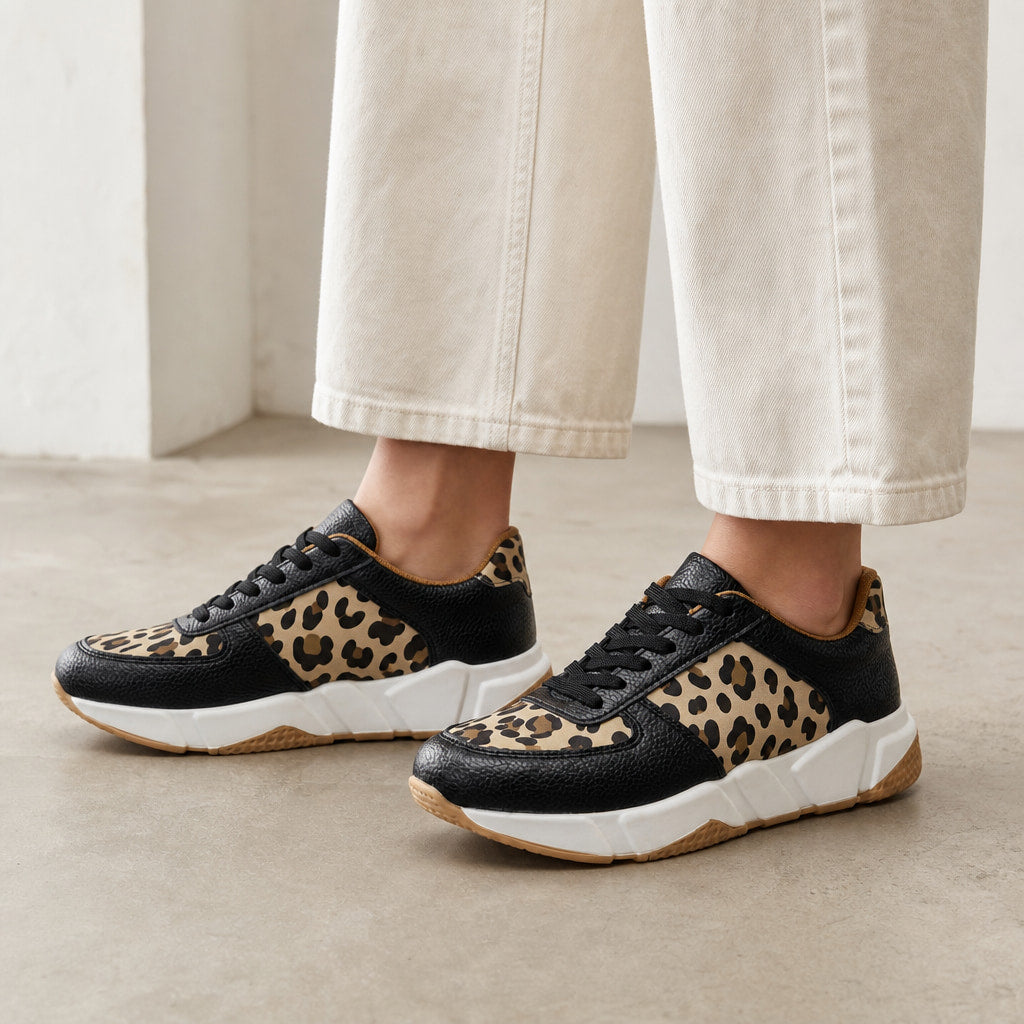 Leopard Print Panel Chunky Sole Sneakers For Women Black – Styled Editorial Shot, Detail