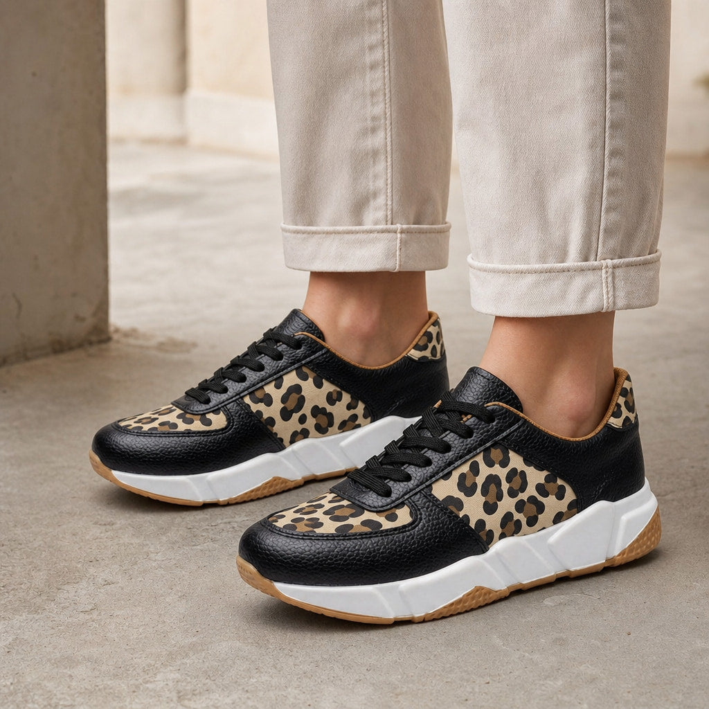 Leopard Print Panel Chunky Sole Sneakers For Women Black – Styled Editorial Shot, Detail