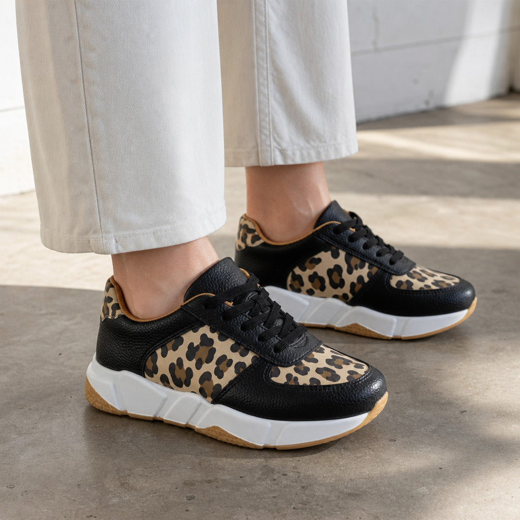 Leopard Print Panel Chunky Sole Sneakers For Women Black – Styled Editorial Shot, Detail