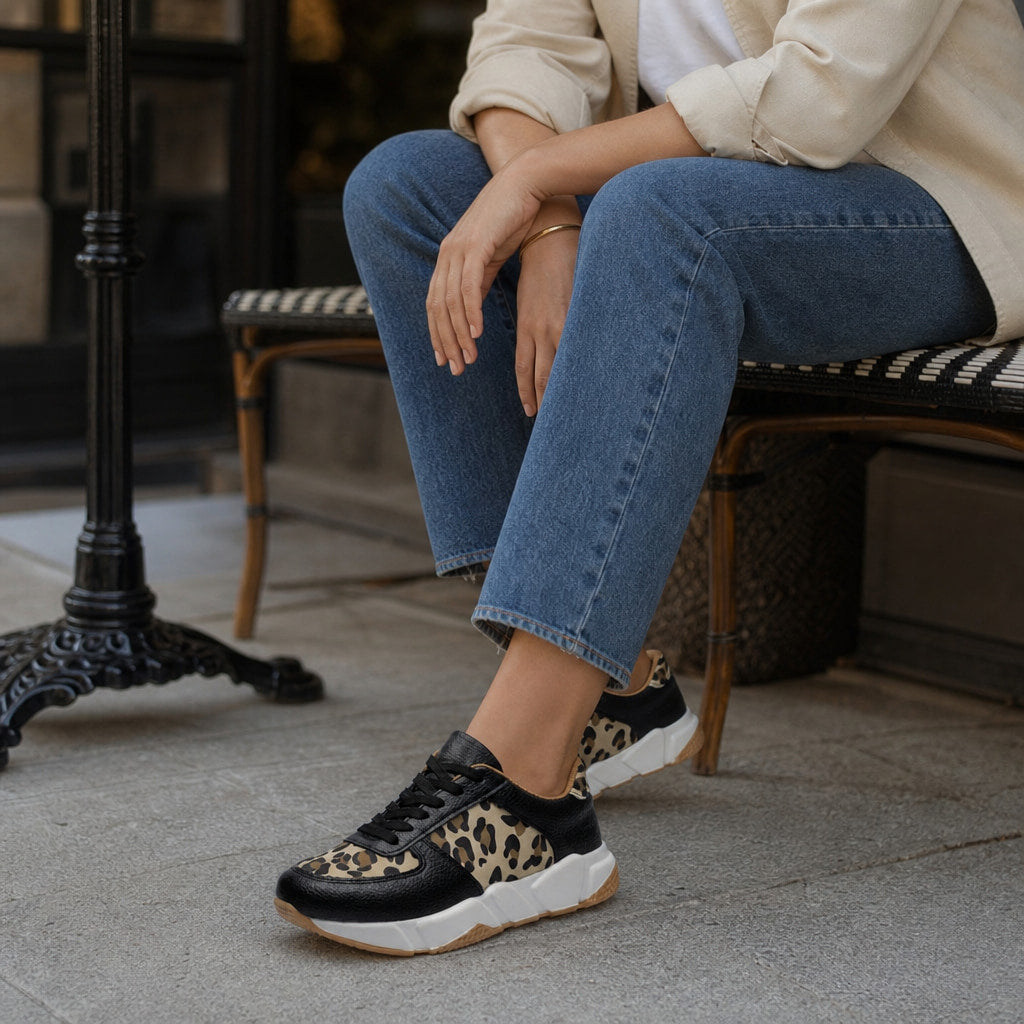 Leopard Print Panel Chunky Sole Sneakers For Women Black – Styled Editorial Shot