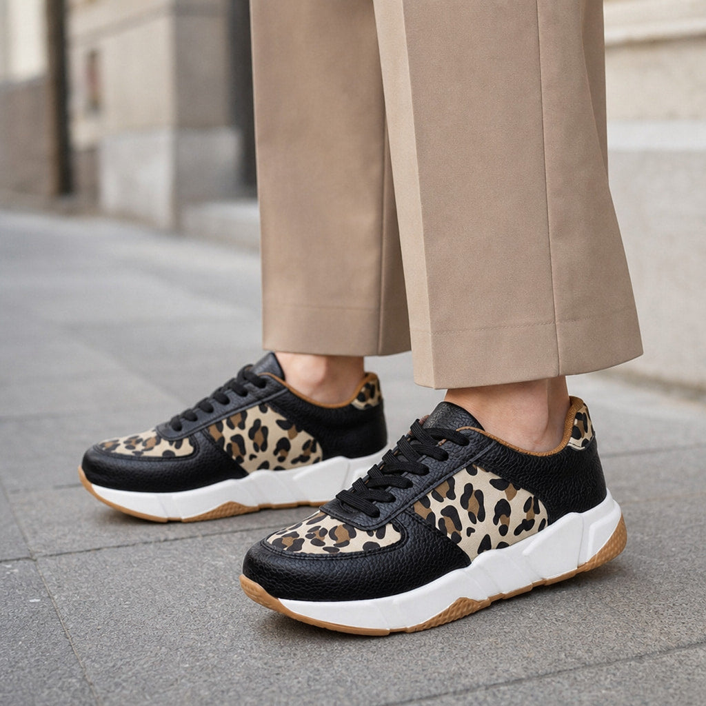 Leopard Print Panel Chunky Sole Sneakers For Women Black – Styled Editorial Shot
