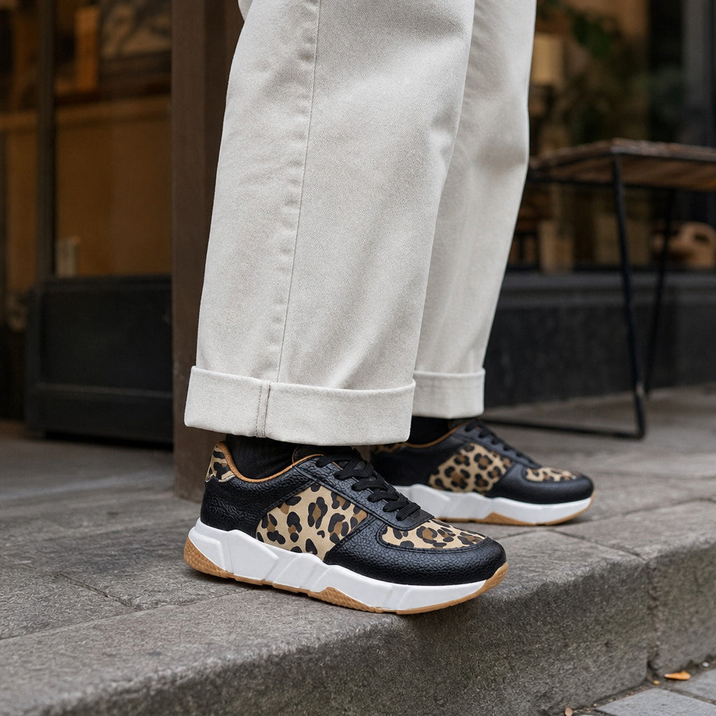 Leopard Print Panel Chunky Sole Sneakers For Women Black – Styled Editorial Shot