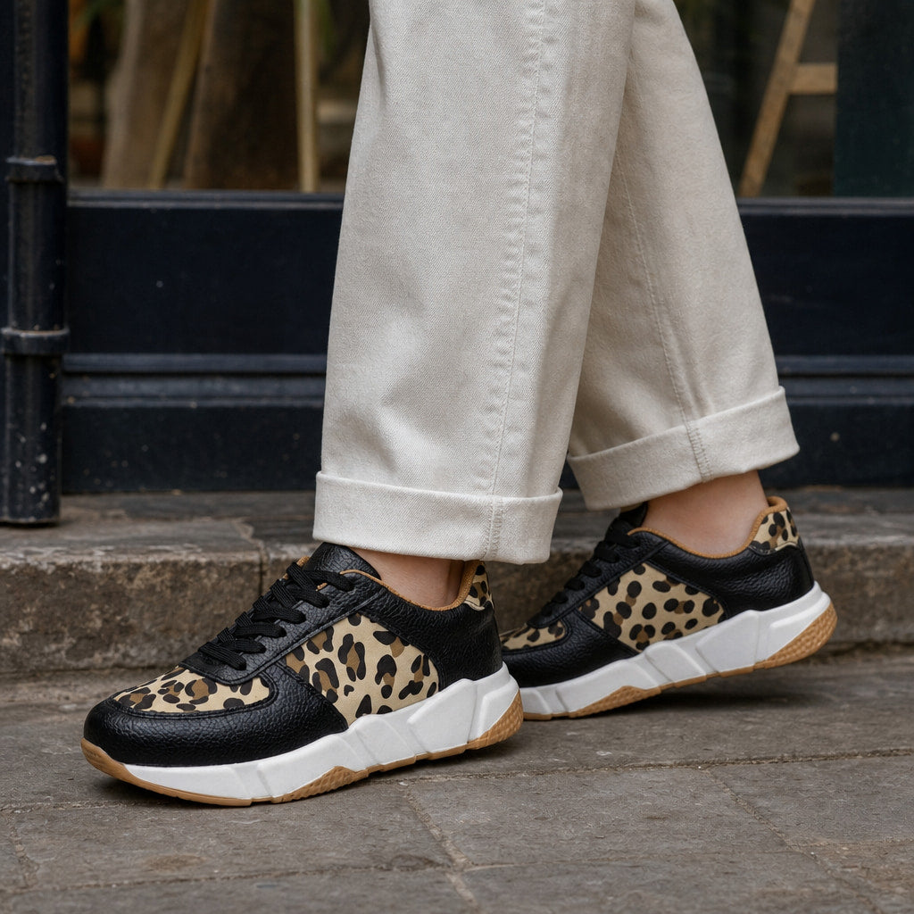 Leopard Print Panel Chunky Sole Sneakers For Women Black – Styled Editorial Shot