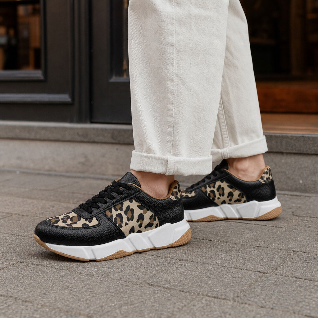 Leopard Print Panel Chunky Sole Sneakers For Women Black – Styled Editorial Shot