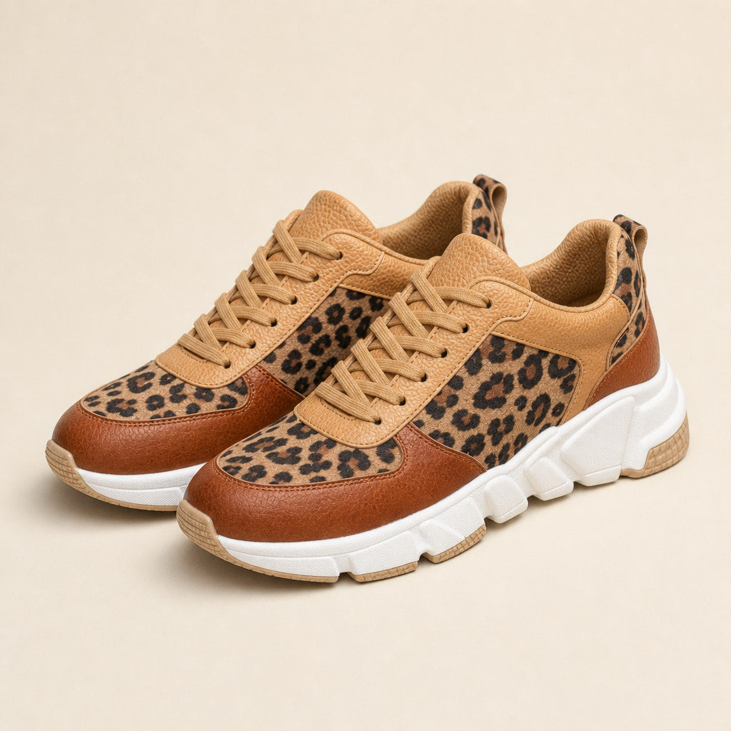 Leopard Print Panel Chunky Sole Sneakers For Women Brown – Product Photo