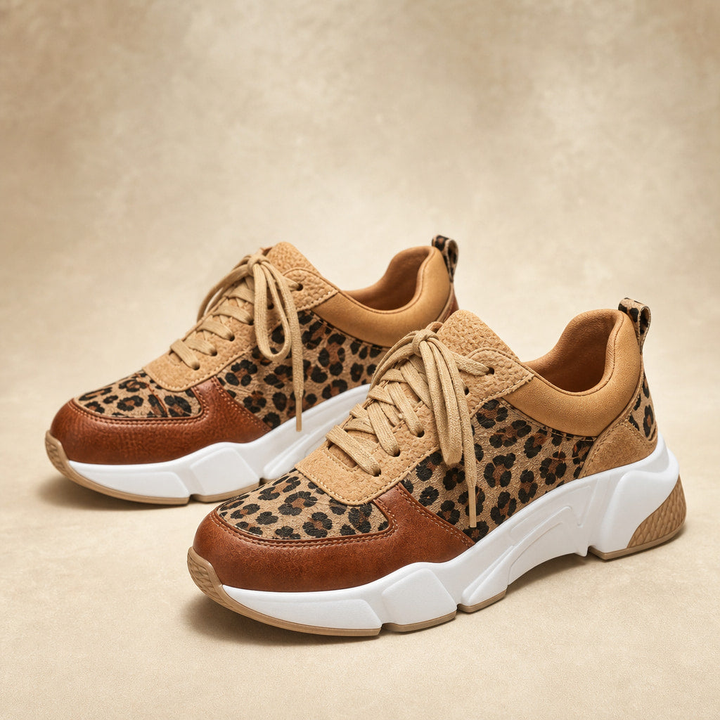 Leopard Print Panel Chunky Sole Sneakers For Women Brown – Product Photo