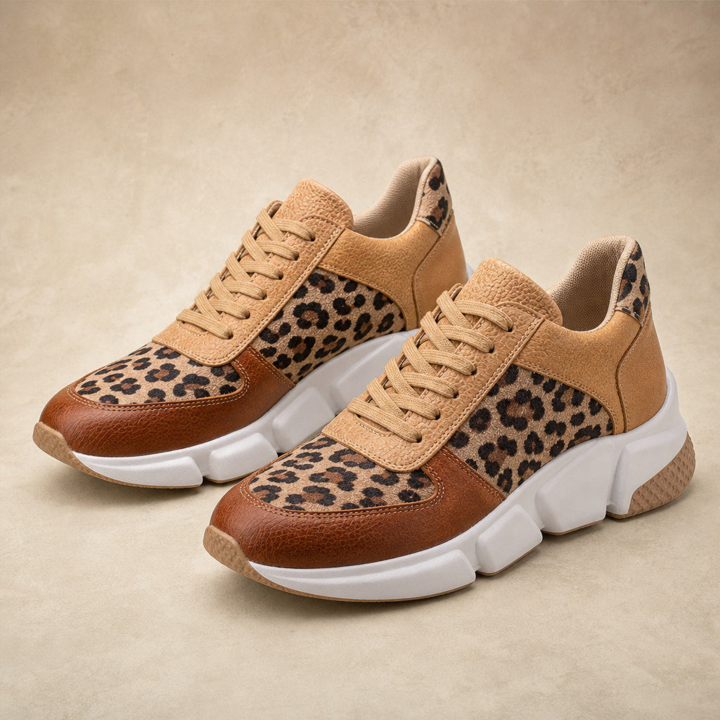 Leopard Print Panel Chunky Sole Sneakers For Women Brown – Product Photo