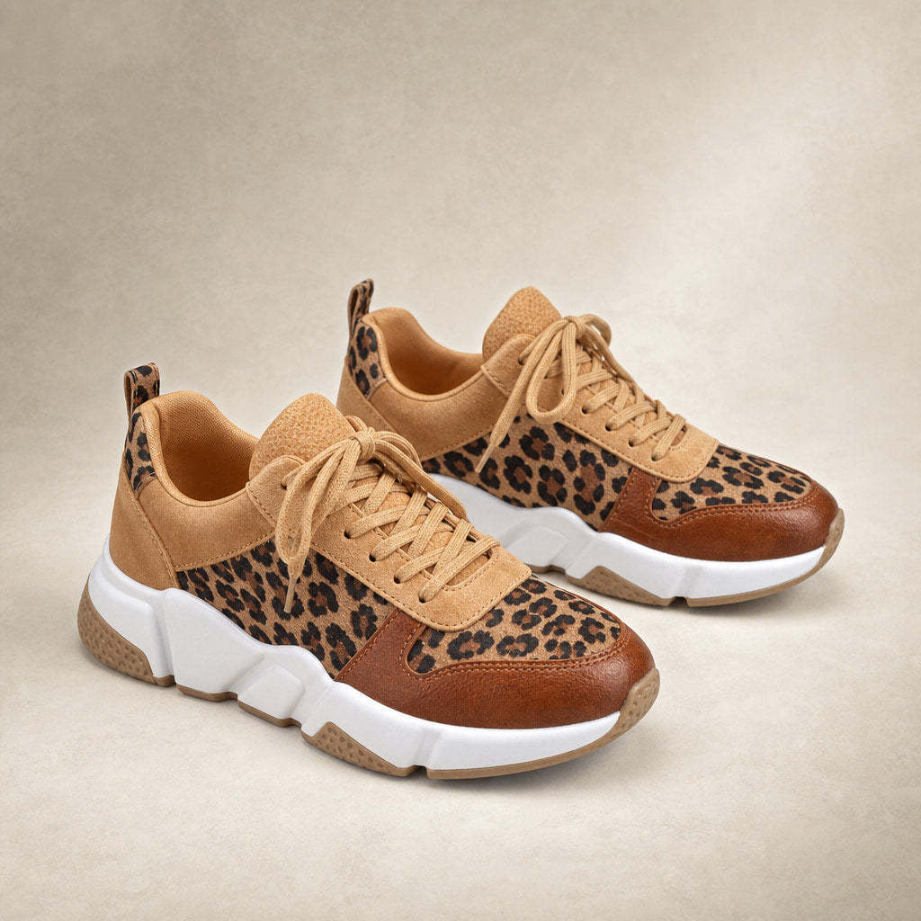 Leopard Print Panel Chunky Sole Sneakers For Women Brown – Product Photo