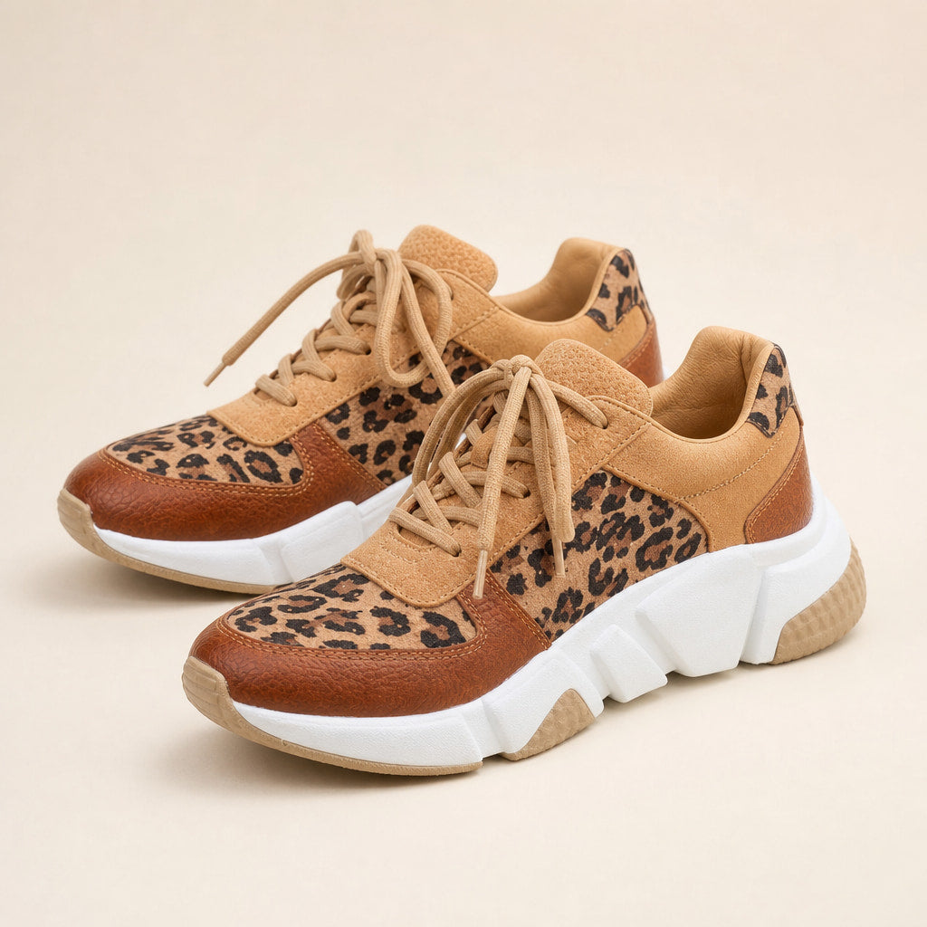 Leopard Print Panel Chunky Sole Sneakers For Women Brown – Product Photo