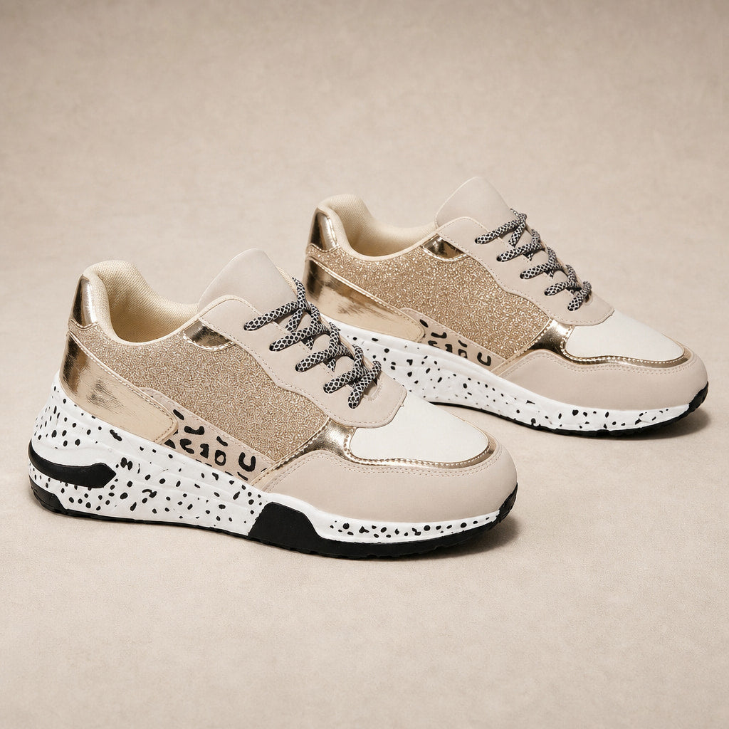 Metallic Panel Chunky Animal Print Walking Sneakers For Women Gold – Product Photo