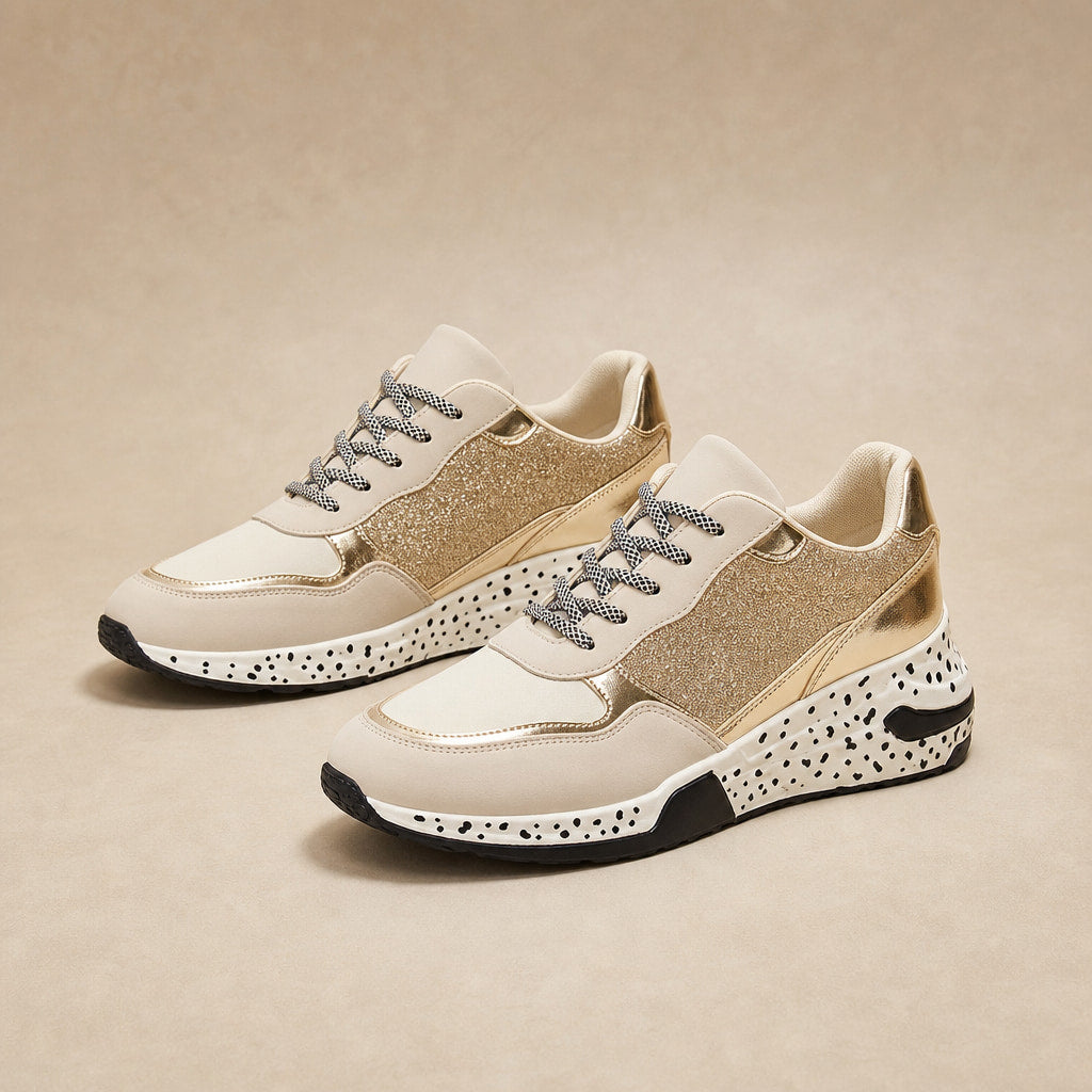 Metallic Panel Chunky Animal Print Walking Sneakers For Women in Gold – Mampierimoda Premium Womenswear