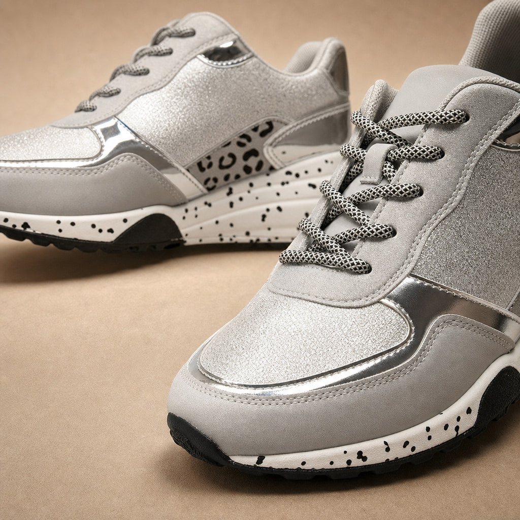 Metallic Panel Chunky Animal Print Walking Sneakers For Women Silver – Fabric and Detail Close-Up