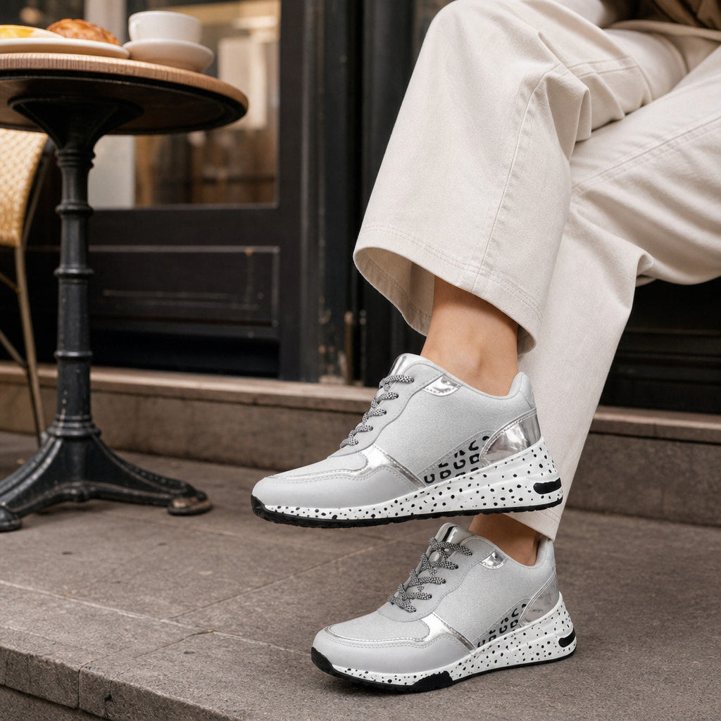 Metallic Panel Chunky Animal Print Walking Sneakers For Women Silver – Full Look