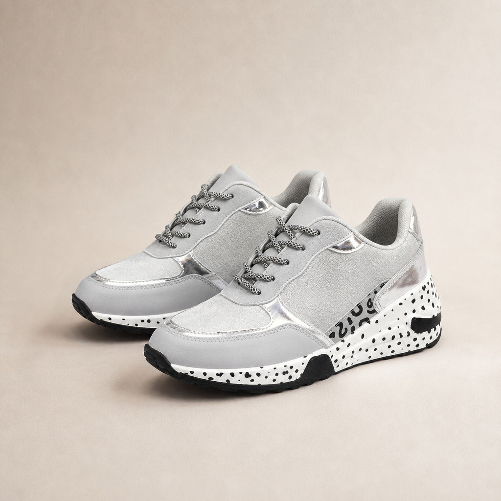 Metallic Panel Chunky Animal Print Walking Sneakers For Women Silver – Product Photo