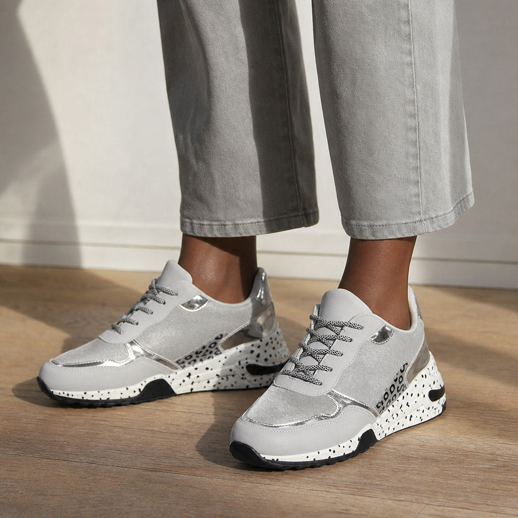 Metallic Panel Chunky Animal Print Walking Sneakers For Women Silver – Styled Editorial Shot, Detail