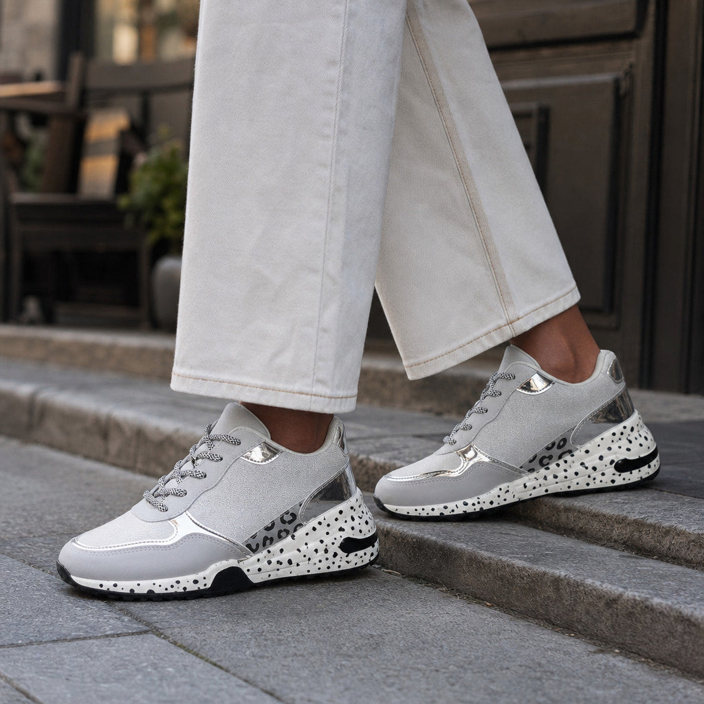 Metallic Panel Chunky Animal Print Walking Sneakers For Women Silver – Styled Editorial Shot