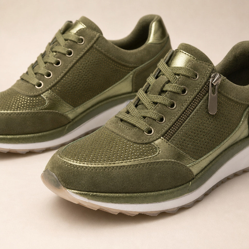 Metallic Panel Low-Top Casual Sneakers For Women Olive Green – Fabric and Detail Close-Up