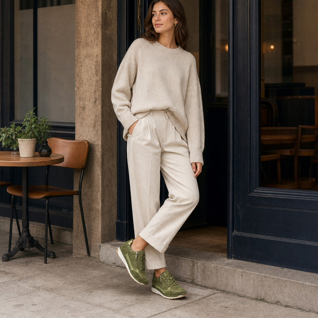 Metallic Panel Low-Top Casual Sneakers For Women Olive Green – Full Look