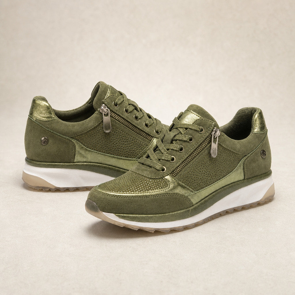Metallic Panel Low-Top Casual Sneakers For Women Olive Green – Product Photo