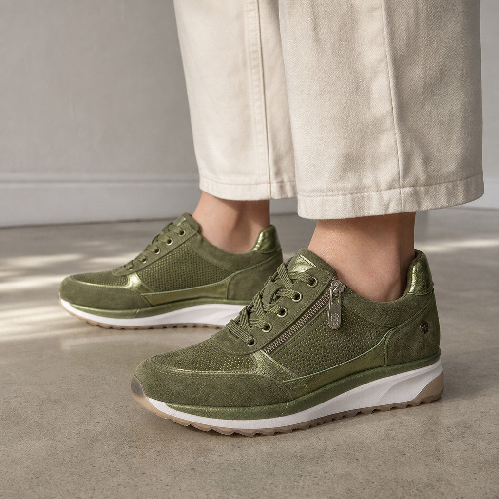 Metallic Panel Low-Top Casual Sneakers For Women Olive Green – Styled Editorial Shot, Detail