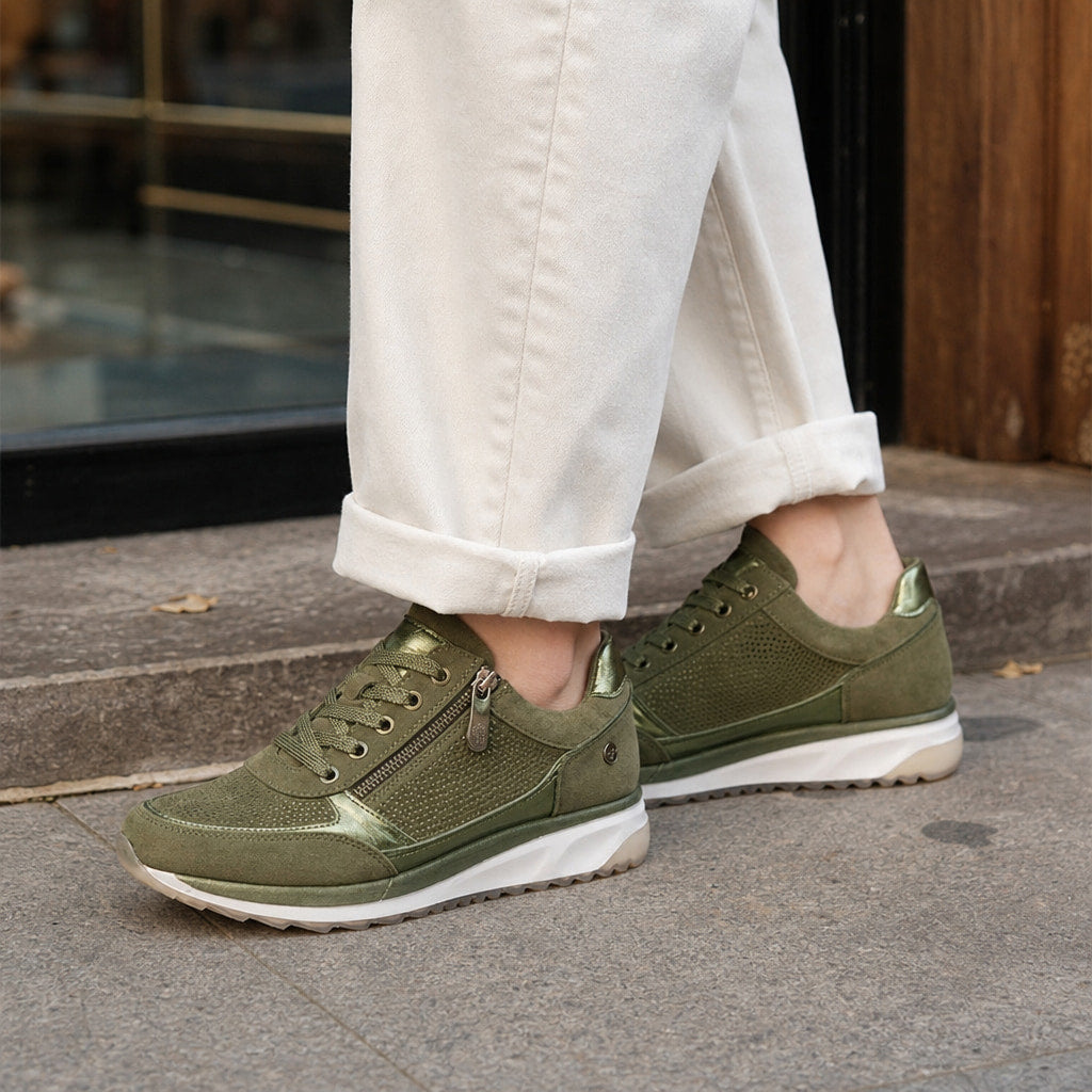 Metallic Panel Low-Top Casual Sneakers For Women Olive Green – Styled Editorial Shot