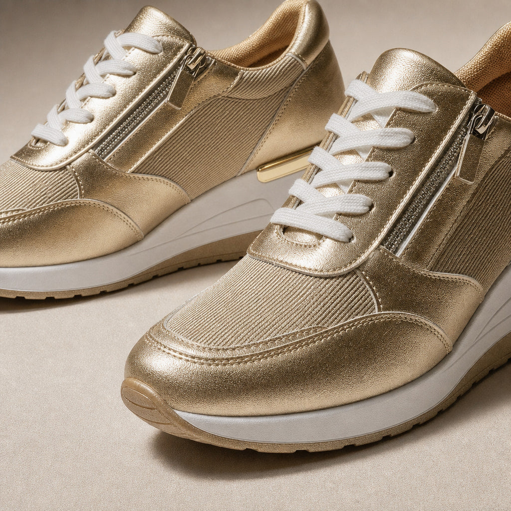 Metallic Wedge Platform Sneakers with Side Zip For Women Gold – Fabric and Detail Close-Up