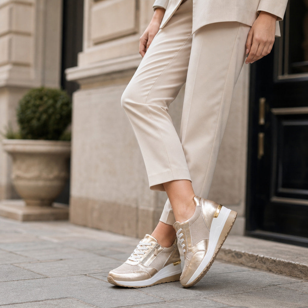 Metallic Wedge Platform Sneakers with Side Zip For Women Gold – Full Look