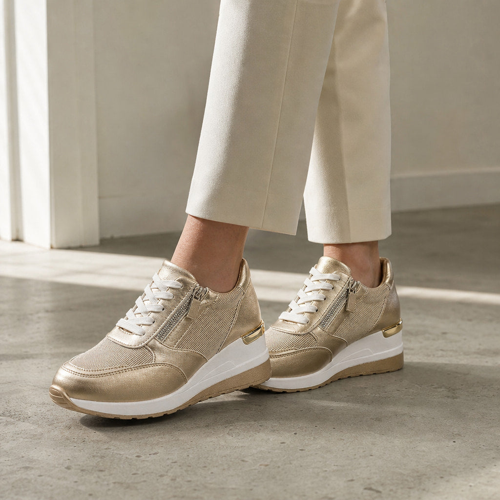 Metallic Wedge Platform Sneakers with Side Zip For Women Gold – Styled Editorial Shot, Detail