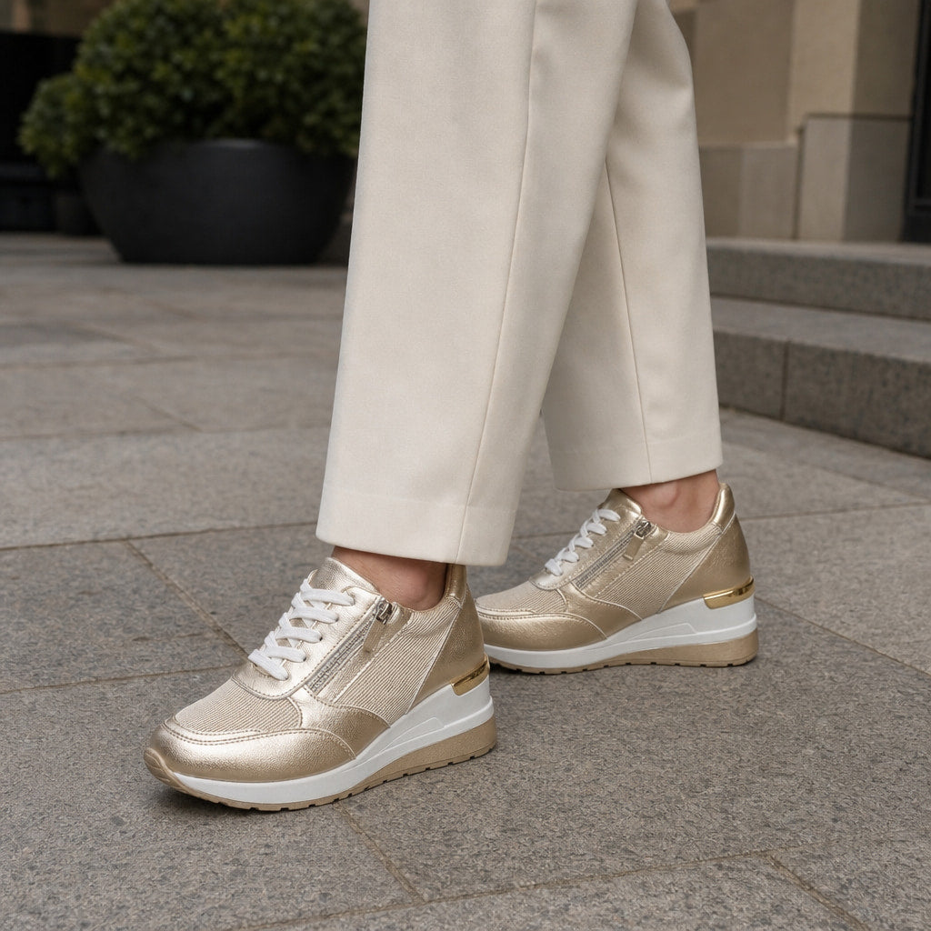 Metallic Wedge Platform Sneakers with Side Zip For Women Gold – Styled Editorial Shot