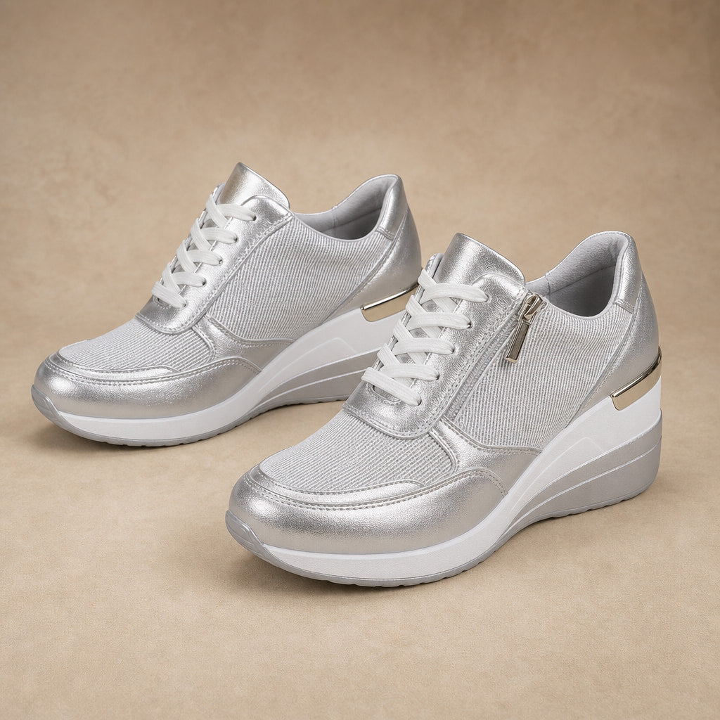 Metallic Wedge Platform Sneakers with Side Zip For Women Silver – Product Photo