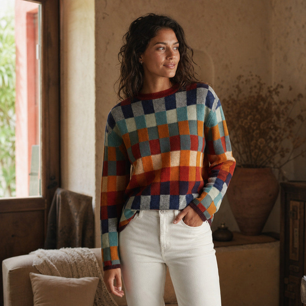 Patchwork Design Turtleneck Sweater For Women – Styled Editorial Shot